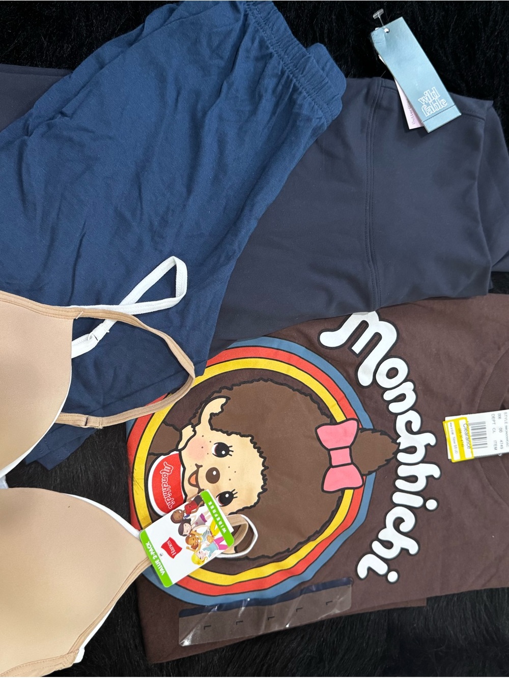 Target Kids Brown Monchhichi Graphic Tee with Navy Shorts and Beige Bra